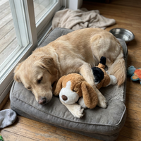 Perro dormido abrazando el peluche SnugBeat en su cama