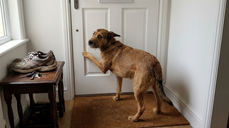 Perro ansioso rascando la puerta cuando su dueño se va