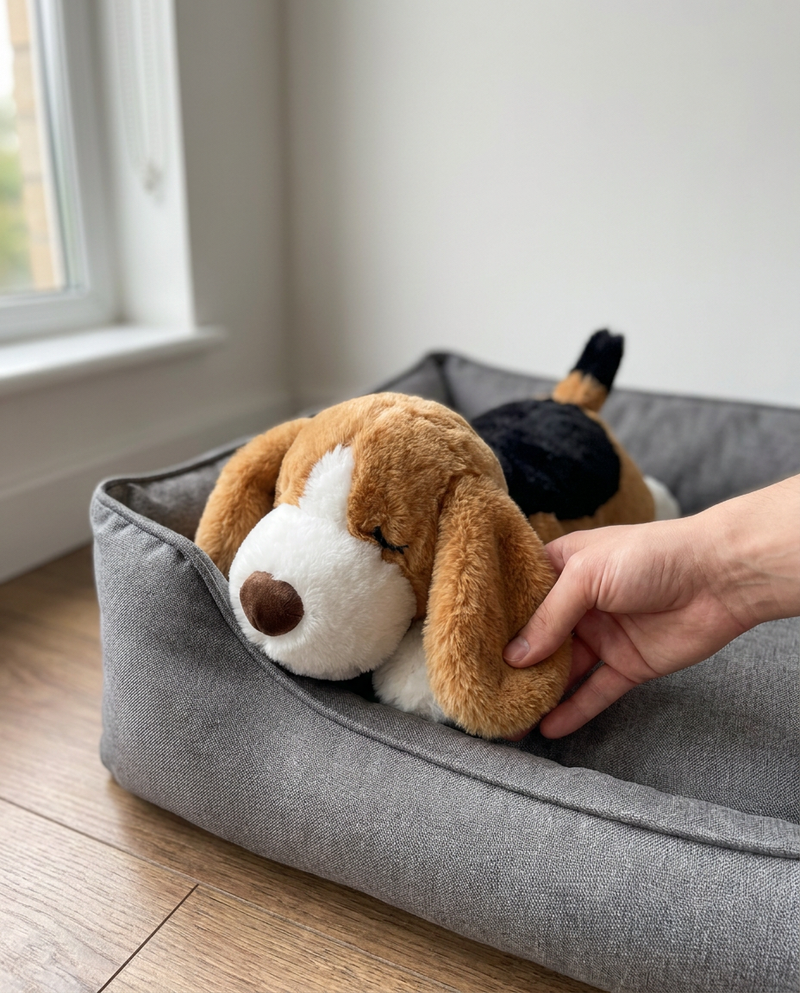 Colocando el peluche SnugBeat en la cama del perro