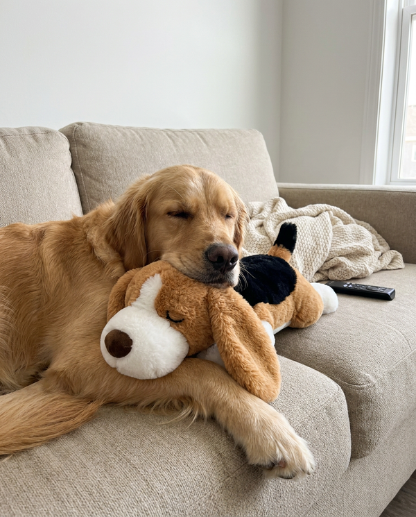 Golden retriever dormido abrazando el SnugBeat en el sofá