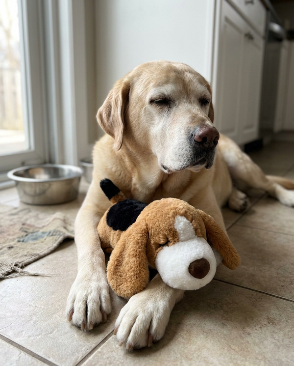 Labrador mayor descansando con el SnugBeat entre las patas