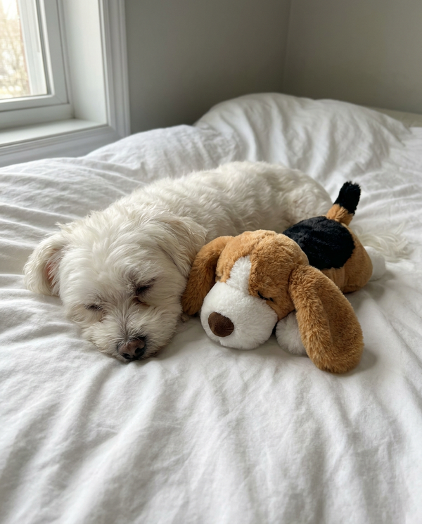 Perro blanco dormido junto al peluche SnugBeat en la cama