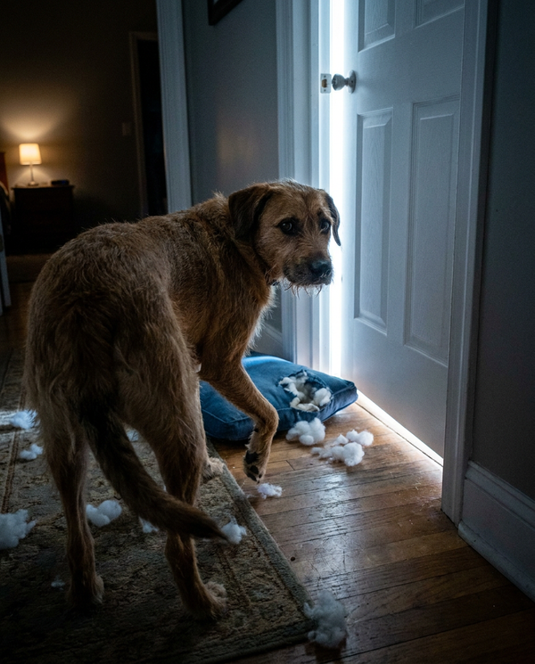 Antes: perro ansioso junto a un cojín destrozado
