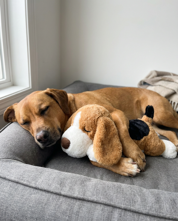 Después: el mismo perro dormido tranquilo con el SnugBeat